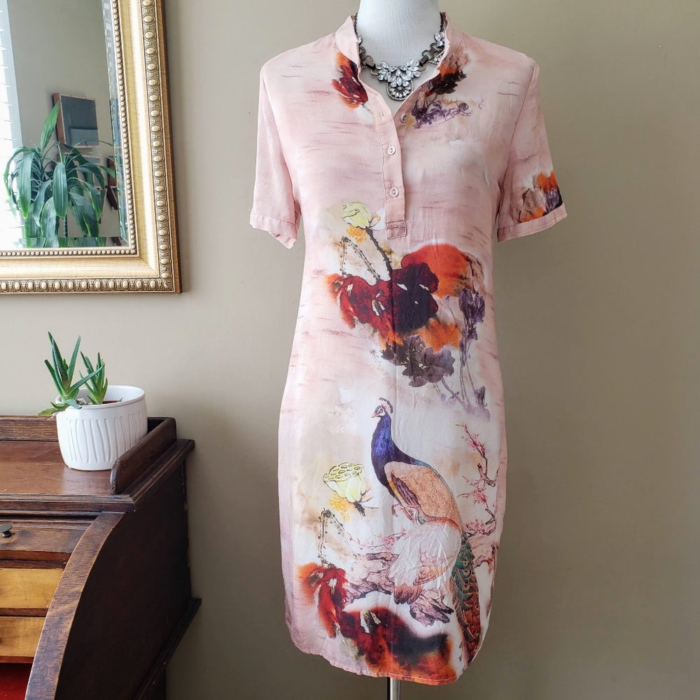 Dangemarni Paris Pink Silk Peacock Short Sleeve Shirt Dress Size Medium